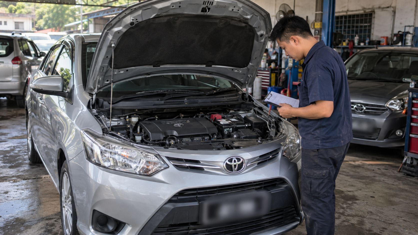 Mechanic checking a car's engine bay with a checklist